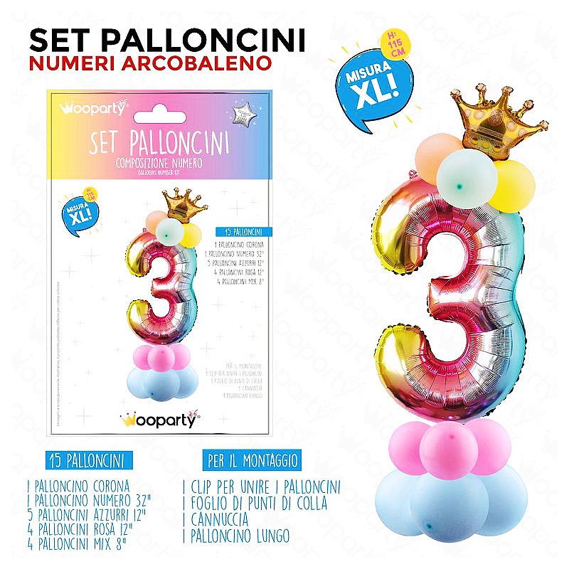 Set palloncini numero 3 multicolor 15pcs h.115cm