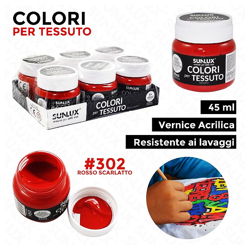 Colori per tessuto vernice acrilica resistente ai lavaggi 302 rosso  scarlatto 45ml