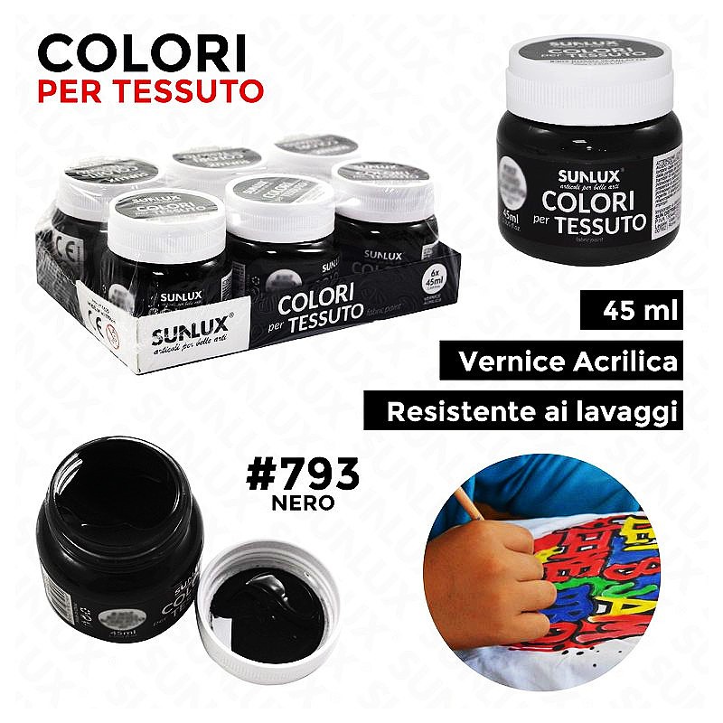 Colori per tessuto vernice acrilica resistente ai lavaggi 793 nero 45ml