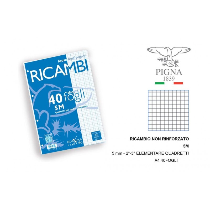 Fogli per quaderni ad anelli f.to A4 Ricambi Quaxima Conf.40 fogli  (Quadretti 4mm - 4M)