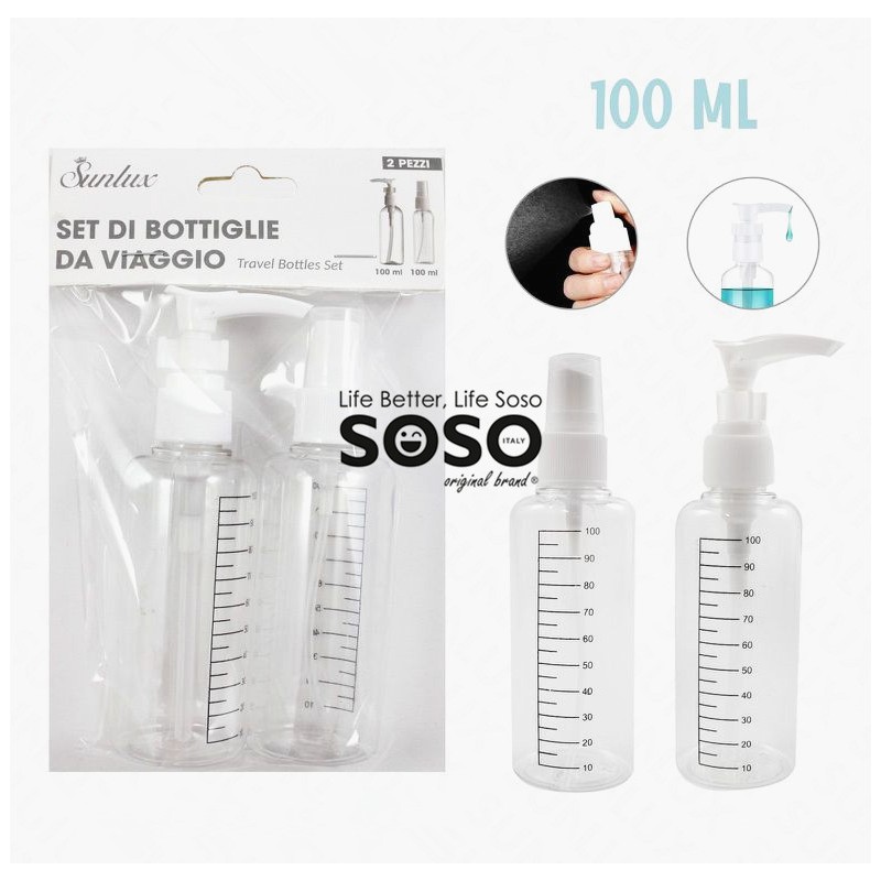 Set di bottiglie da viaggio plastica 2pcs 100ml