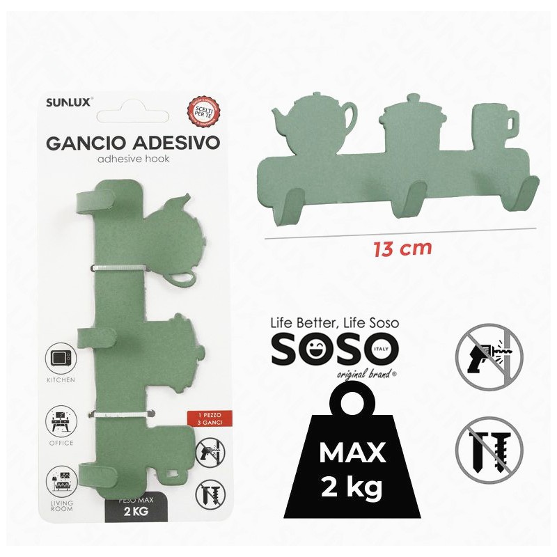 Gancio adesivo in metallo verde l.13cm max 2kg - 1