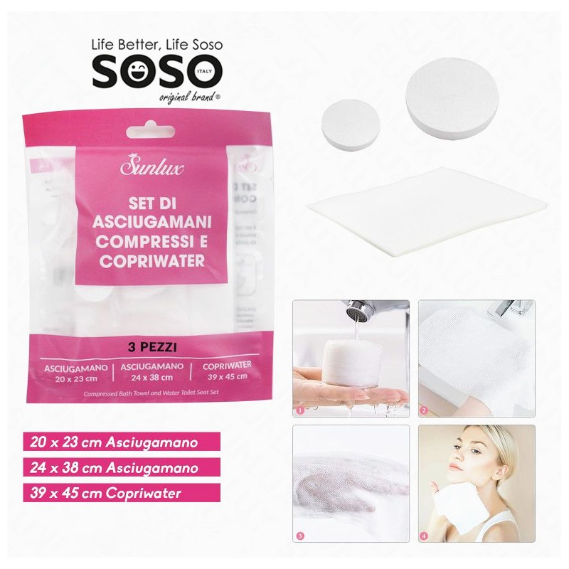 Set asciugamani compressi e copriwater 3pcs (20x23cm-24x38cm-39x45cm)