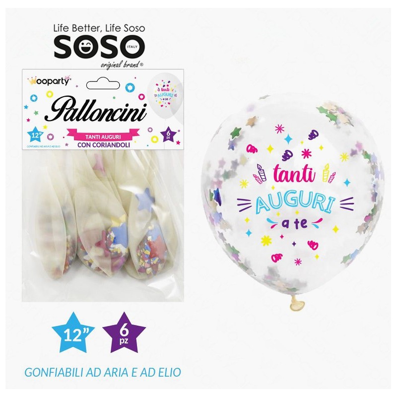 Palloncini in lattice tanti auguri a te con coriandoli 12 6pz trasparente