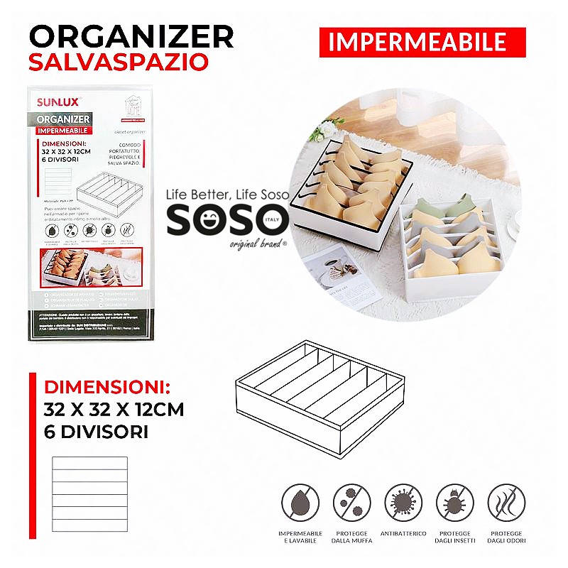 Organizer salvaspazio impermeabile 32x32x12cm 6 divisori - 1