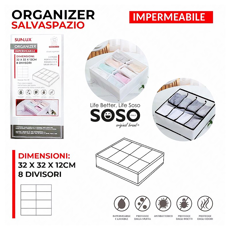 Organizer salvaspazio impermeabile 32x32x12cm 8 divisori - 1