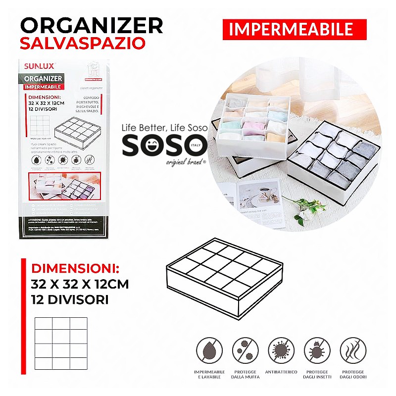 Organizer salvaspazio impermeabile 32x32x12cm 12 divisori - 1