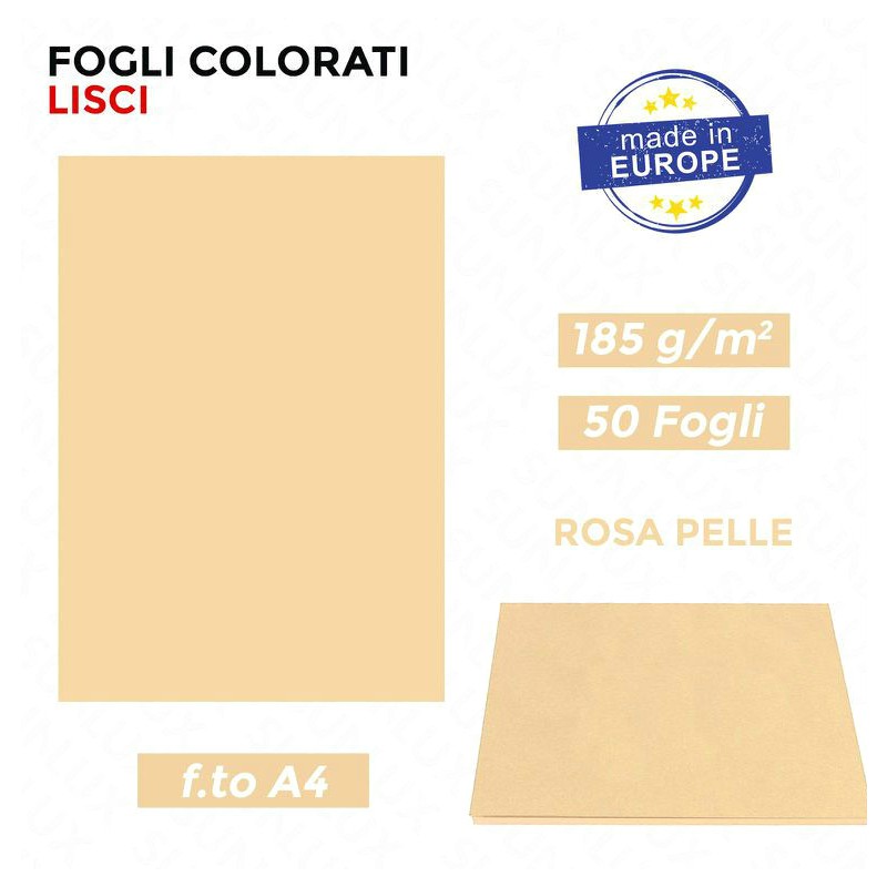 Fogli Colorati Lisci A4 Rosa Pelle, Risme da 50ff da185gr - Made