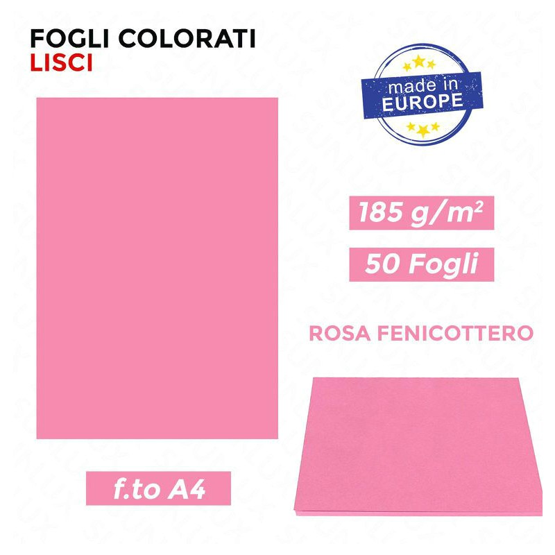 Fogli Colorati Lisci A4 Rosa Fenicottero, Risme da 50ff da185gr