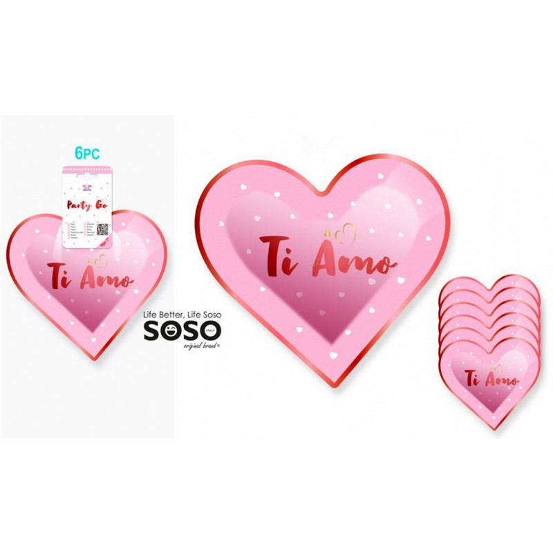 Piatti forma di cuore con scritto ti amo rosa diametro 18cm 6pz - 1