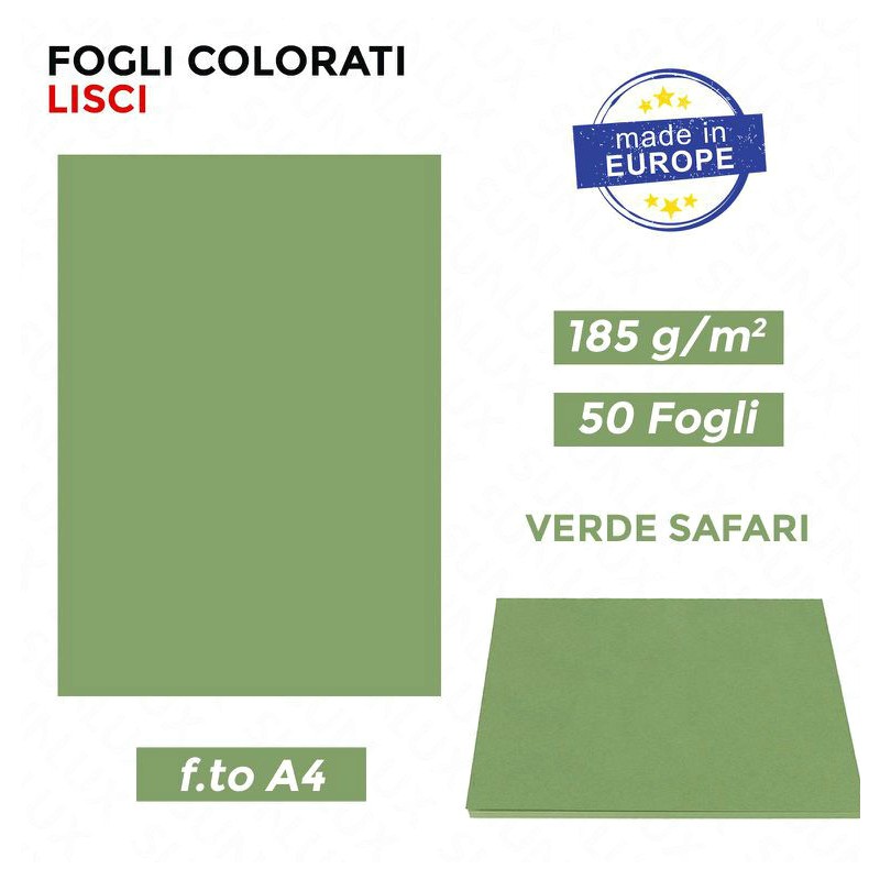Fogli Colorati Lisci A4 Verde Safari, Risme da 50ff da185gr - Made in Europe