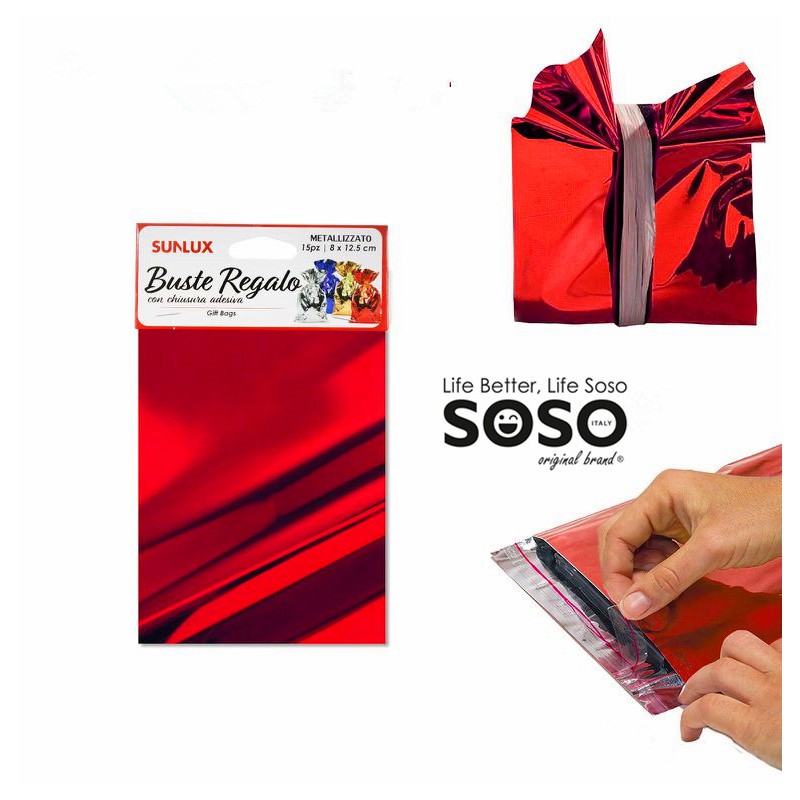 Buste regalo con adesivo rosso metal 8x12.5cm -15pz