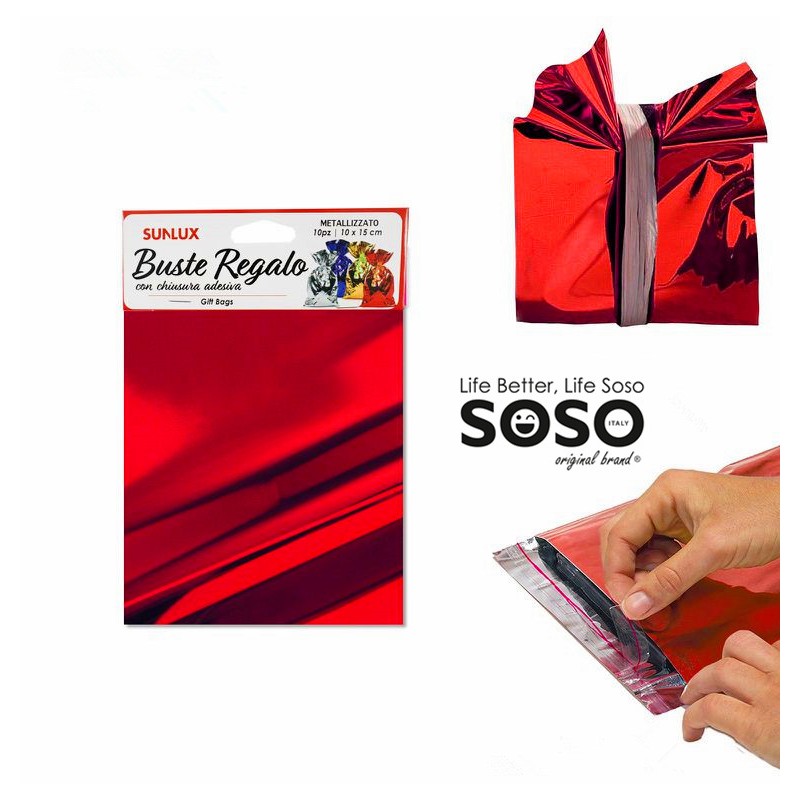 Buste regalo con adesivo rosso metal 10x15cm -10pz