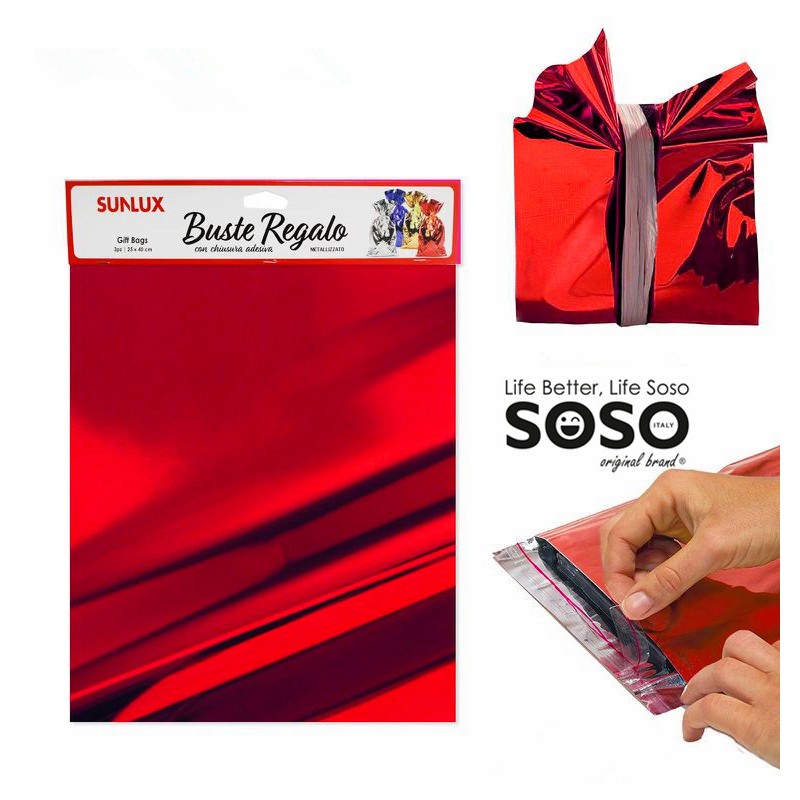 Buste regalo con adesivo rosso metal 25x40cm -3pz - 1
