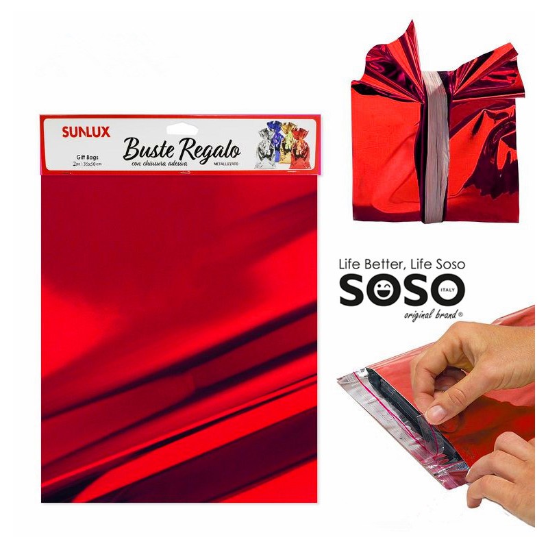 Buste regalo con adesivo rosso metal 35x50cm -2pz - 1