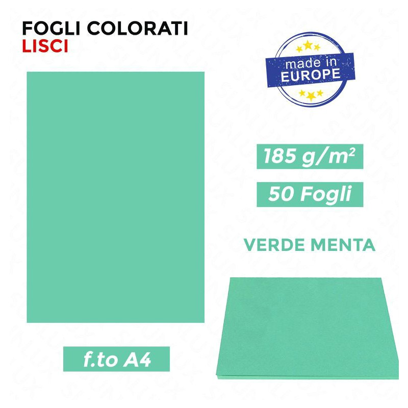 Fogli Colorati Lisci A4 Verde Menta, Risme da 50ff da185gr - Made in Europe
