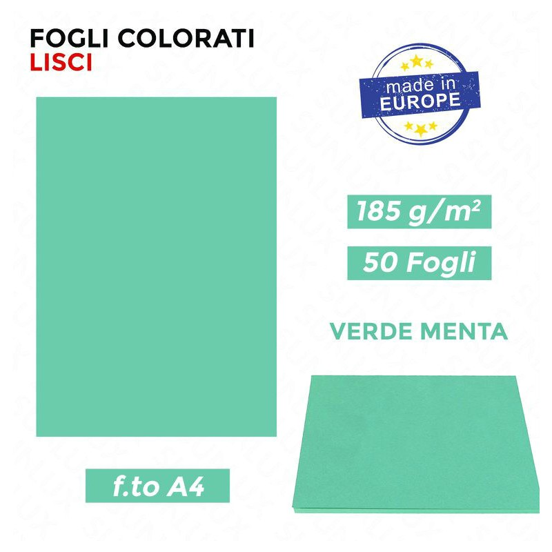 Fogli Colorati Lisci A4 Verde Menta, Risme da 50ff da185gr - Made