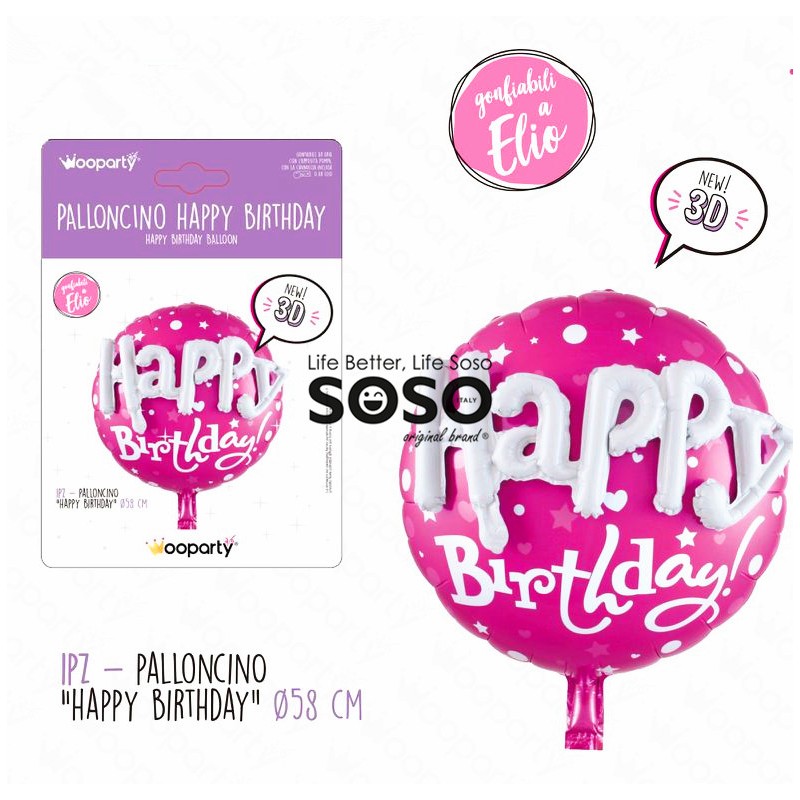 Palloncino happy birthday rosa 3d diametro 58cm - 1