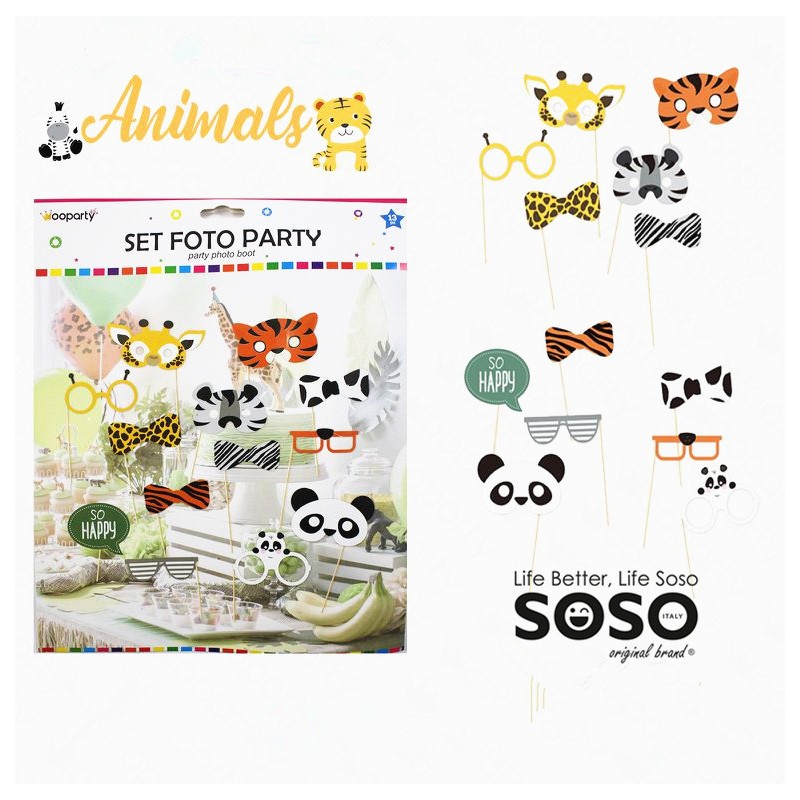 Linea animals set foto party asticella in legno sagoma in carta 4 animali 13 pcs ass. 19cm - 1